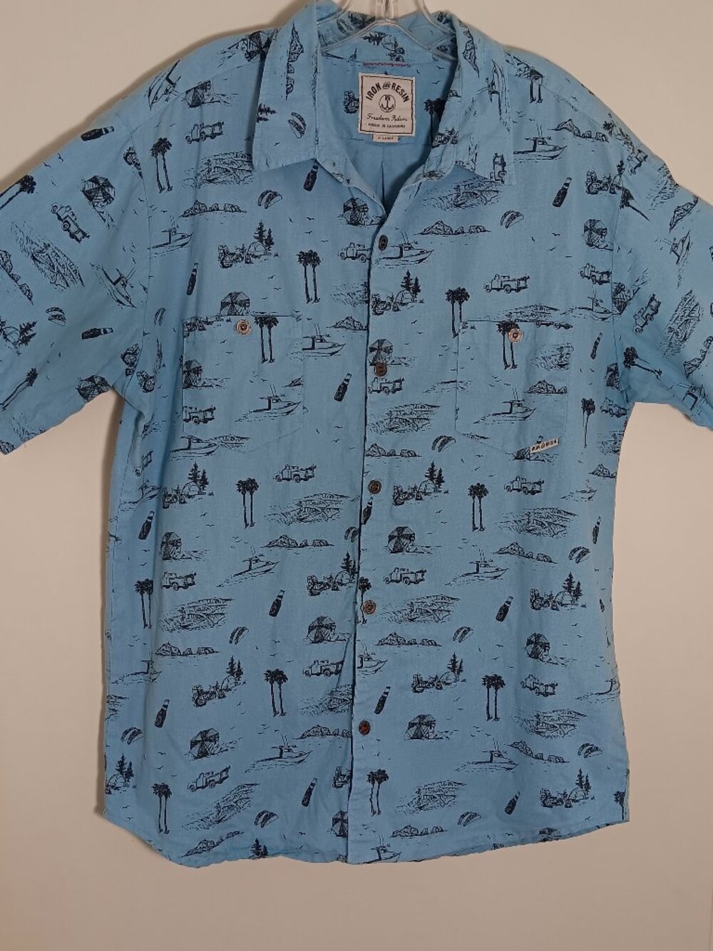 Iron &Resin freedom riders shirt men XL blue coastal camping boat print cotton